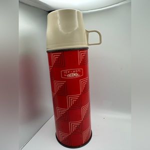 Vintage Thermos Icy Hot Pint Red Squares Geometric MCM With Tan Cap Cup Stopper